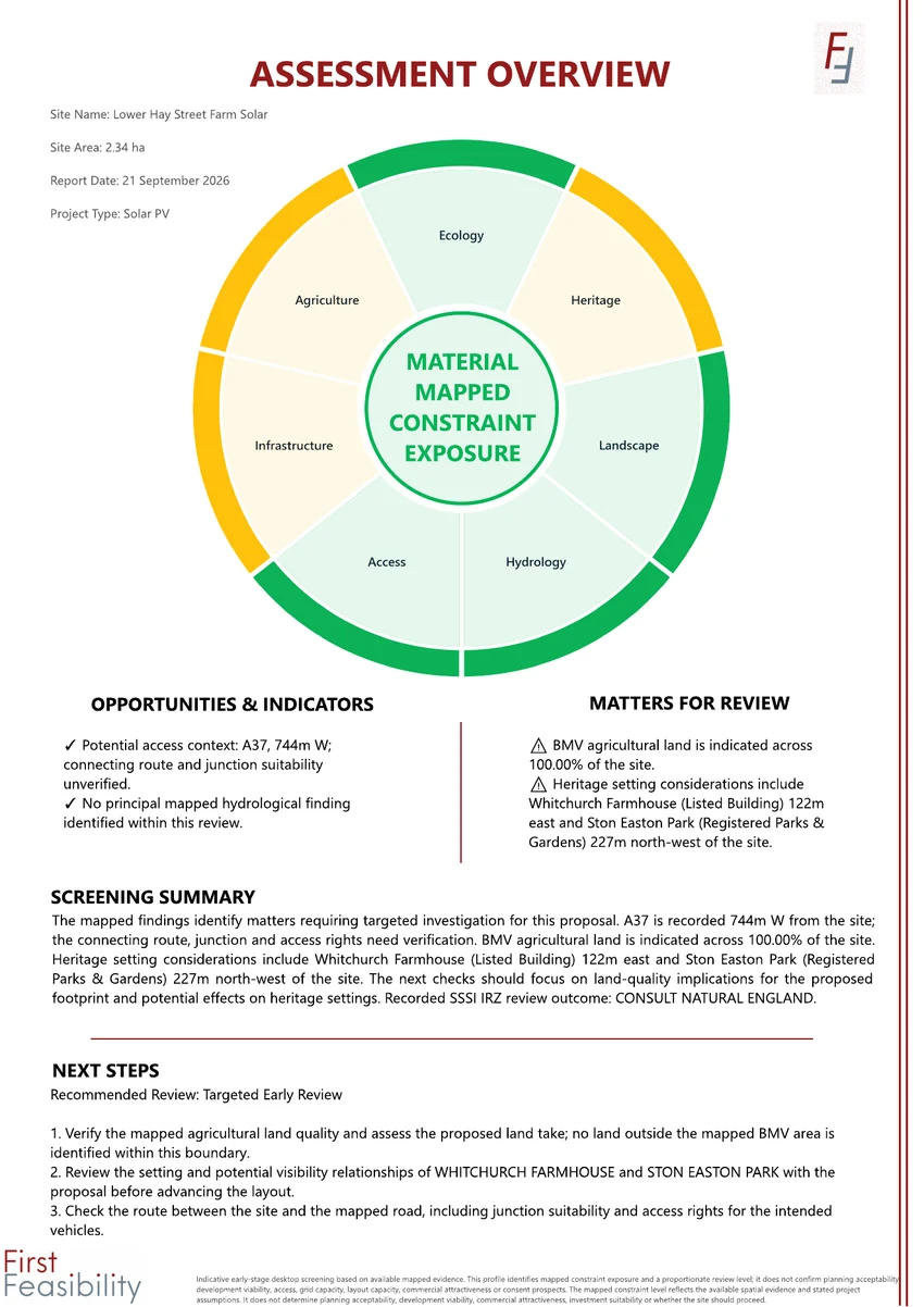 Example Assessment Overview from a Site Assessment Pack
