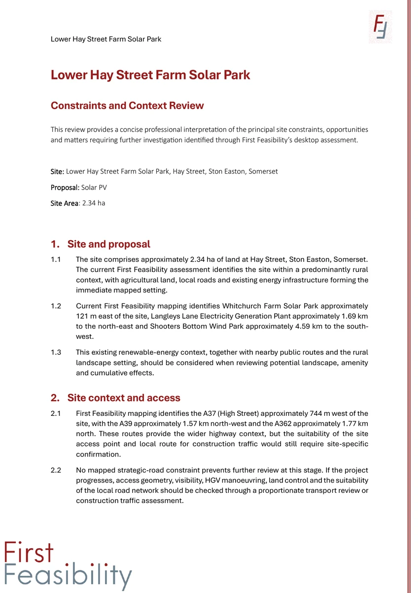 Constraints and Context Review page from the example Site Assessment Pack